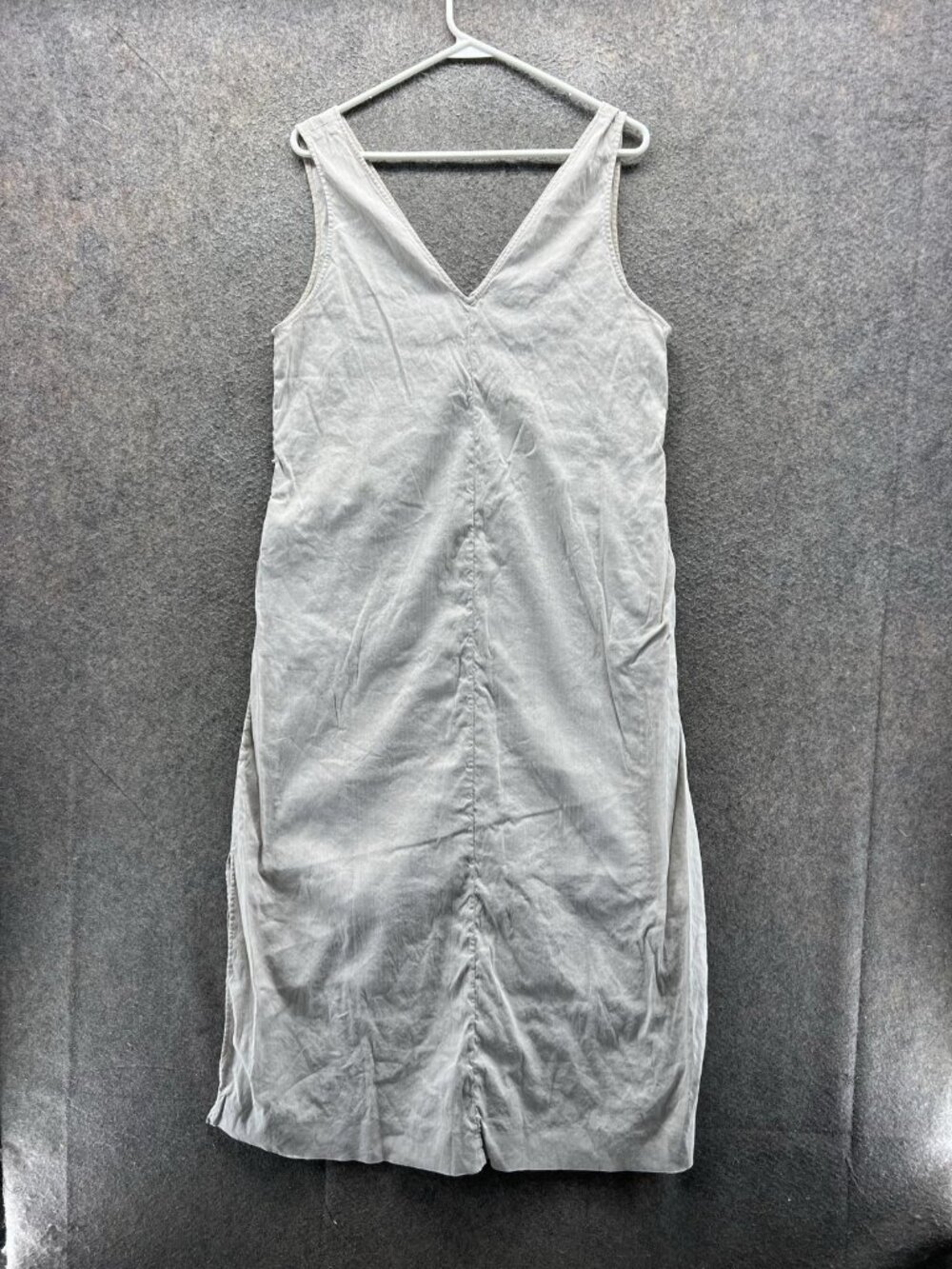 Theory Dress Womens Large Beige Linen V Neck Sleeveless Ruched Shift Knee Length